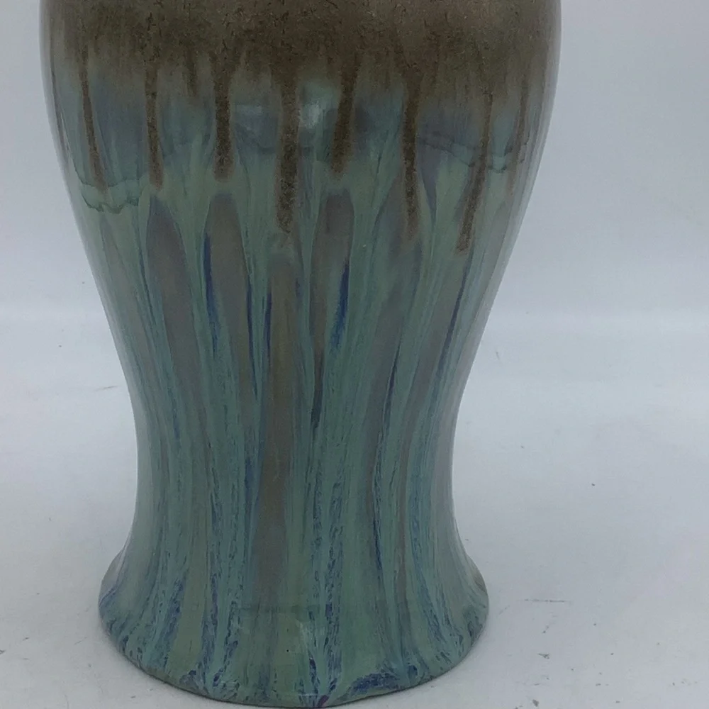 Brown Ceramic Vase with Turquoise Glaze and Round Handles